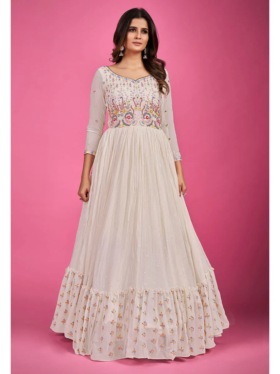 White Pure Georgette Embroidered Gown