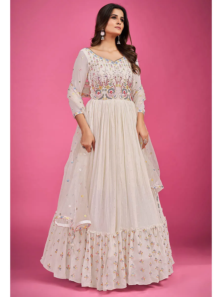 White Pure Georgette Embroidered Gown