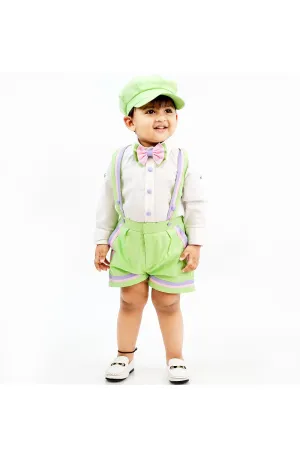 White Pure Linen Shirt With Parrot Green Suspender And Bow Set