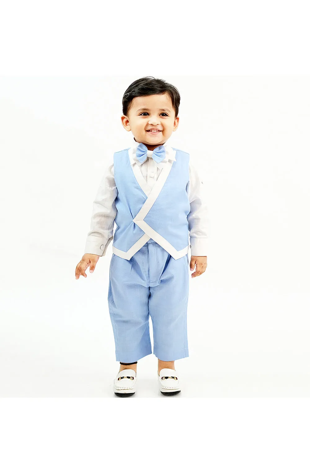 White Pure Linen Shirt With Powder Blue Waist Coat Set