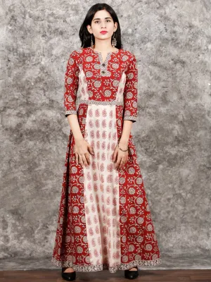 White Red Black Bagh Printed Asymmetric Panel Cotton Long Dress  - D309F1714