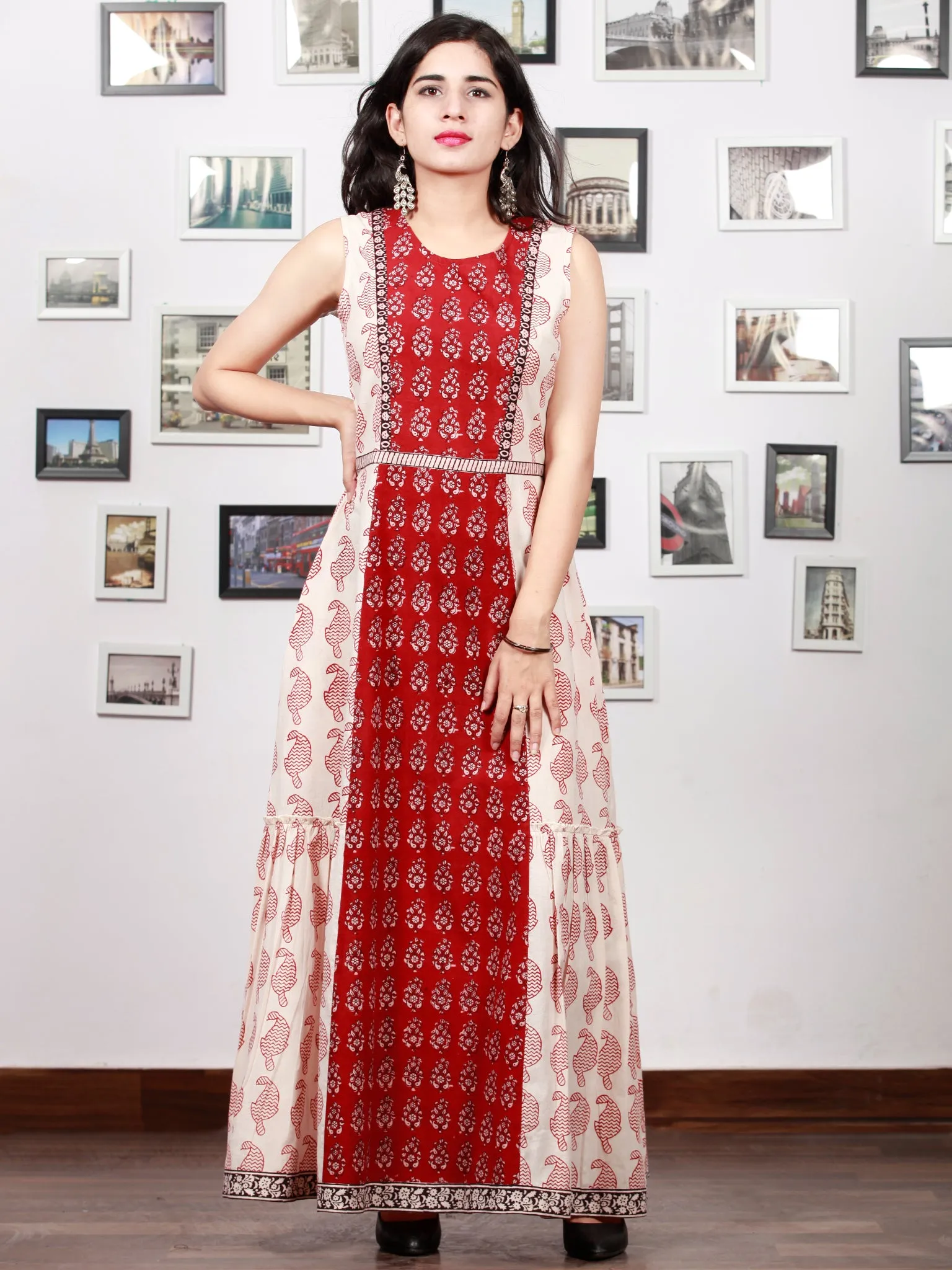 White Red Black Bagh Printed Cotton Long Sleeveless Dress With Tier - D297F1721