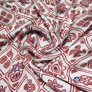 White Red Traditional Print Georgette Satin