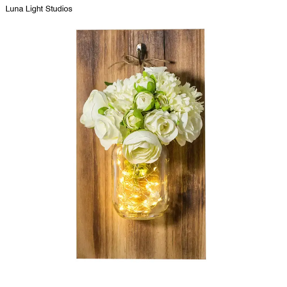 White Rose String Light Glass Jar Wall Lamp with Wood Backplate - Contemporary Design