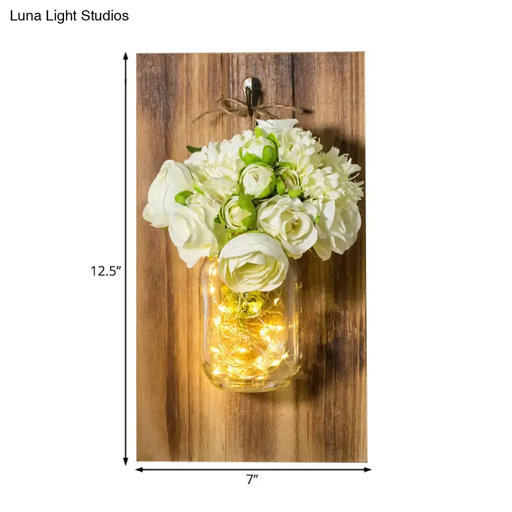 White Rose String Light Glass Jar Wall Lamp with Wood Backplate - Contemporary Design