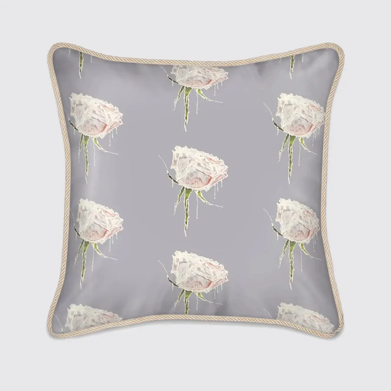 White Roses on Lavender Silk Cushion