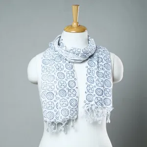 White - Sanganeri Block Printed Cotton Stole with Tassels 62