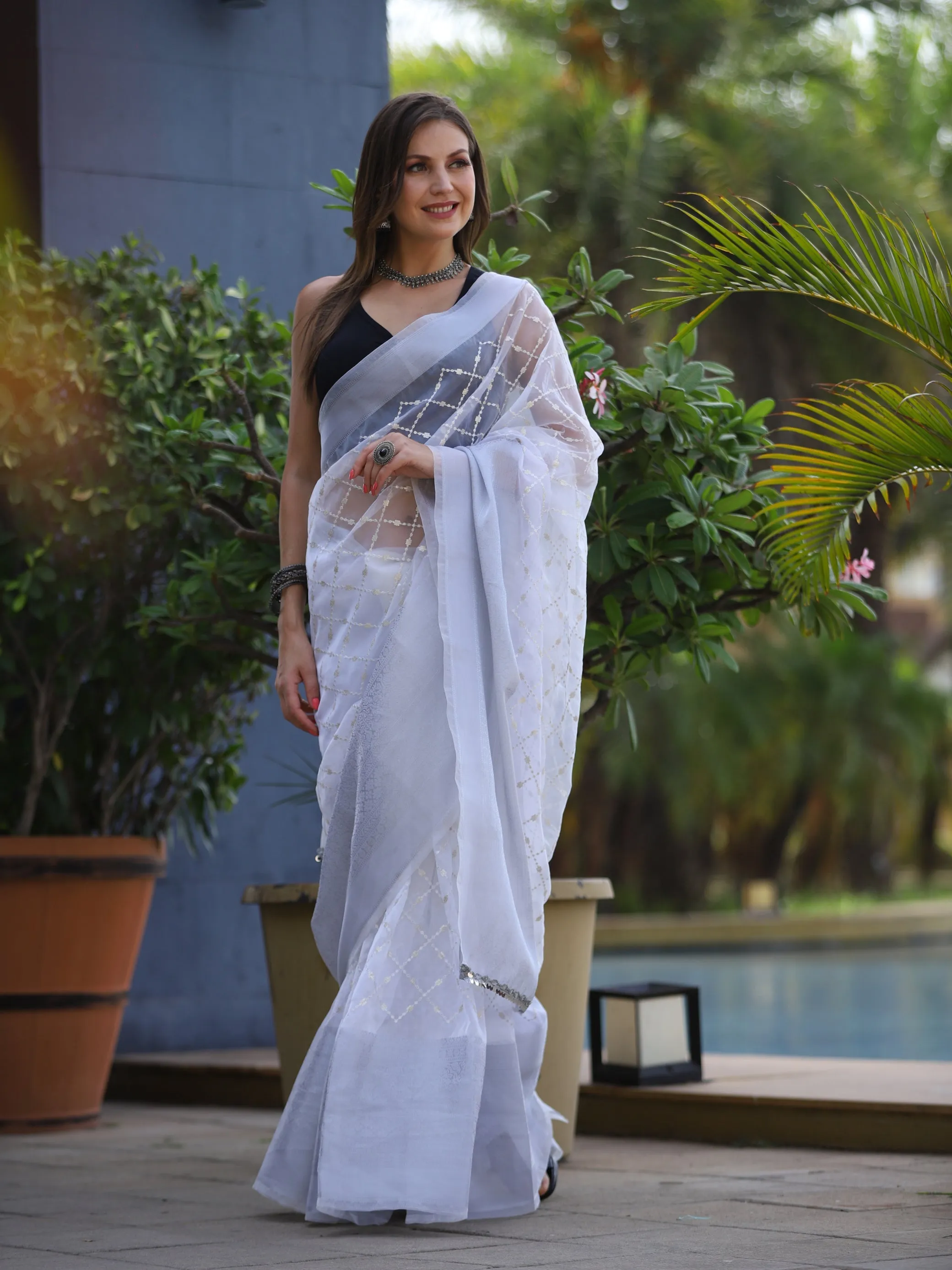 White Saree in Pure Organza Embroidered Work