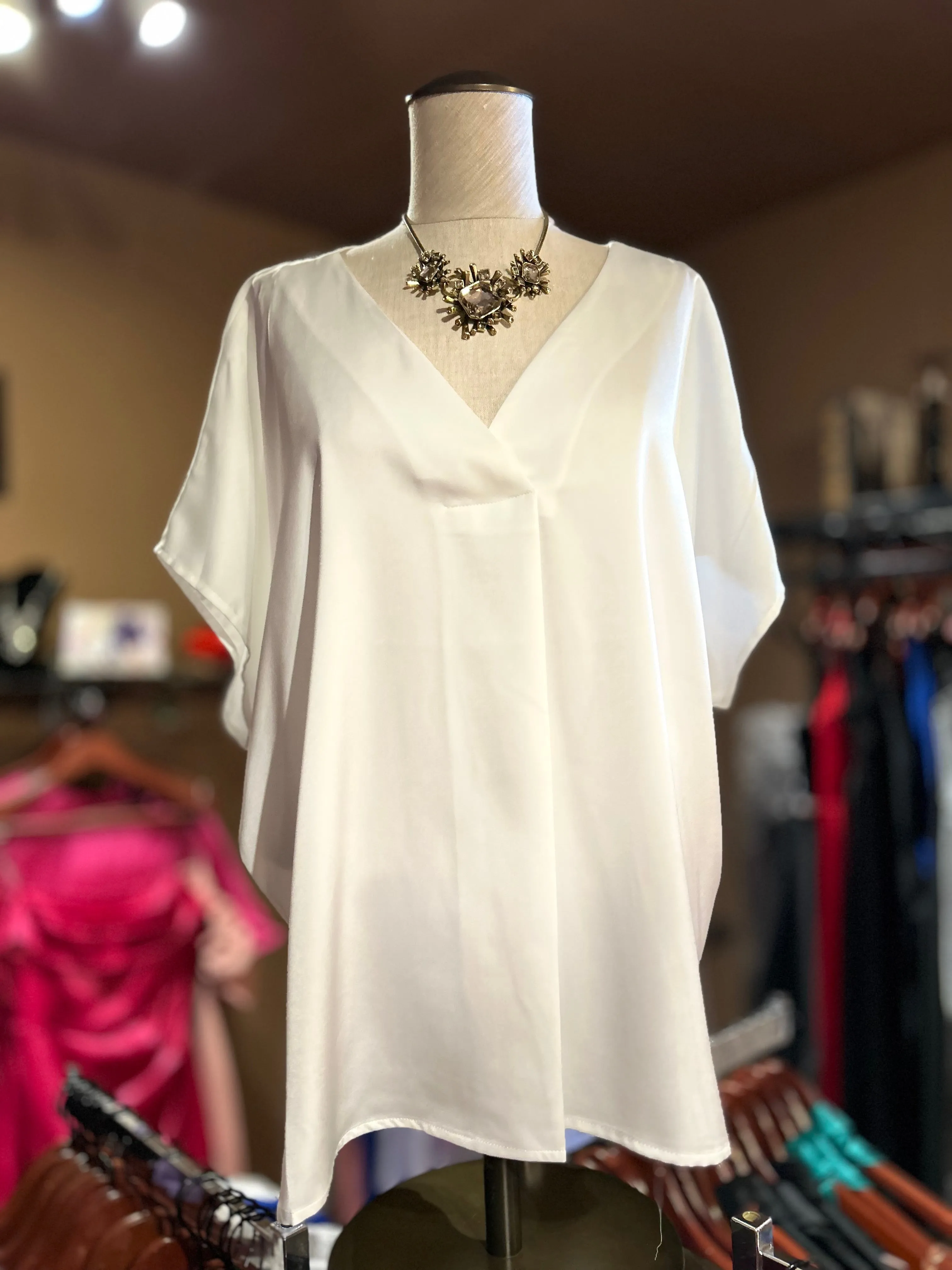 White Satin Short Sleeve Relaxed Blouse