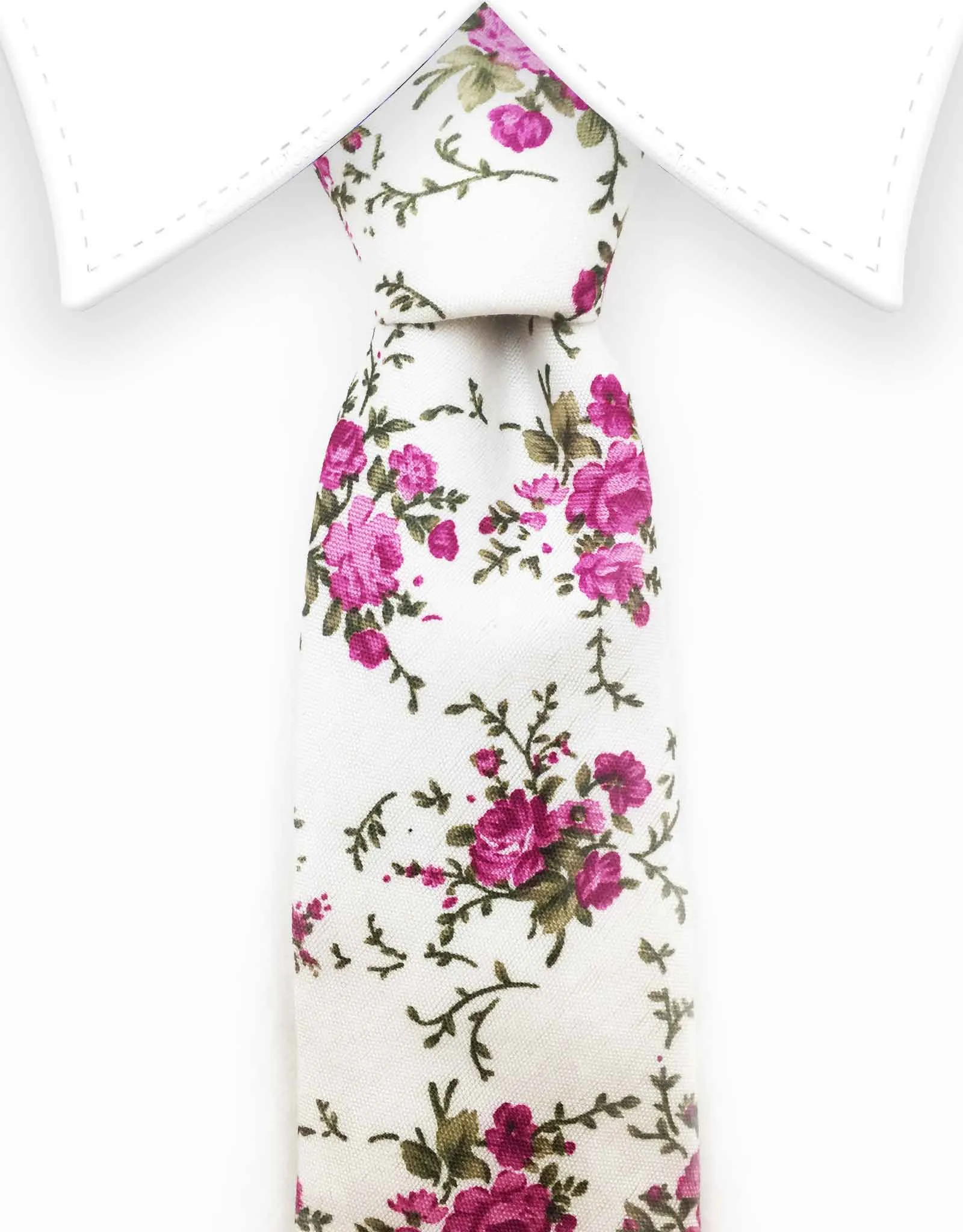 White Skinny Tie with Purple Flowers