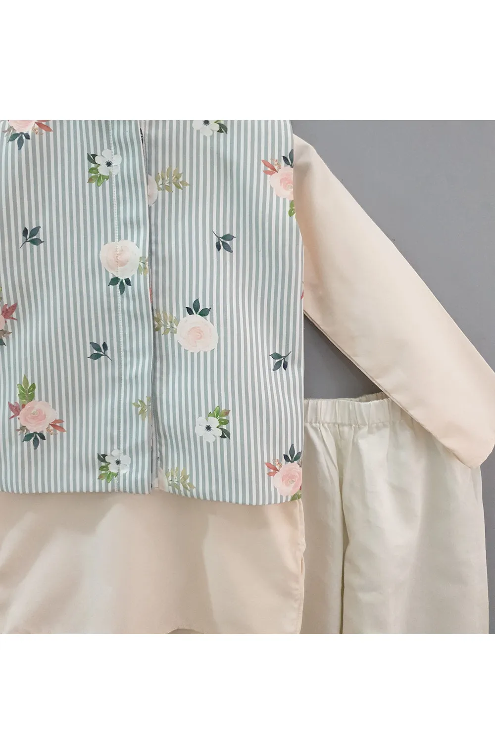 White striped floral printed jacket with peach kurta and pyjama