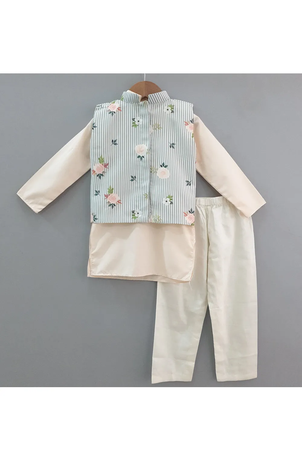 White striped floral printed jacket with peach kurta and pyjama