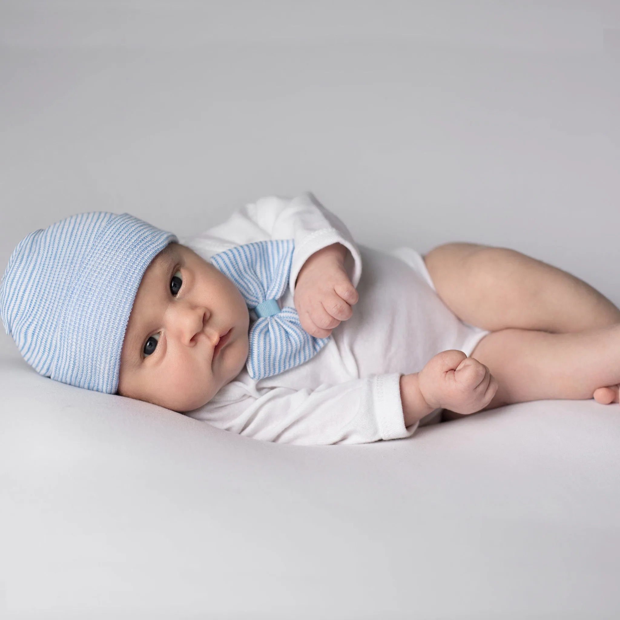 White Striped Newborn Boy Hospital Hat, Bow Tie and Beanie Set, Newborn Take Home Set