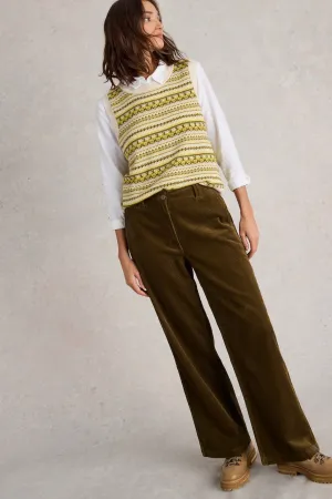 White Stuff Belle Cord Wide Leg Trousers in Khaki Green