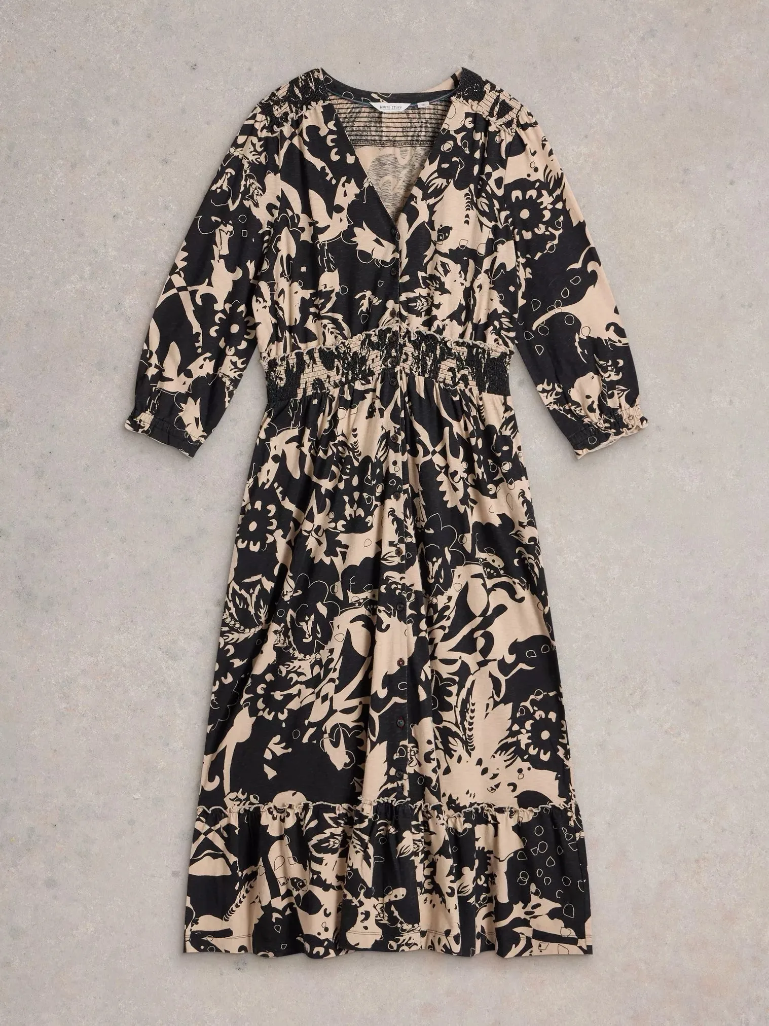 White Stuff Jonie Shirred Jersey Dress Black Print