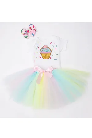 White sweet cup cake bodysuit with tutu skirt and hairband