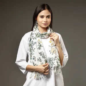 White - Tarwad Flowers Sanganeri Block Printed Cotton Stole with Tassels