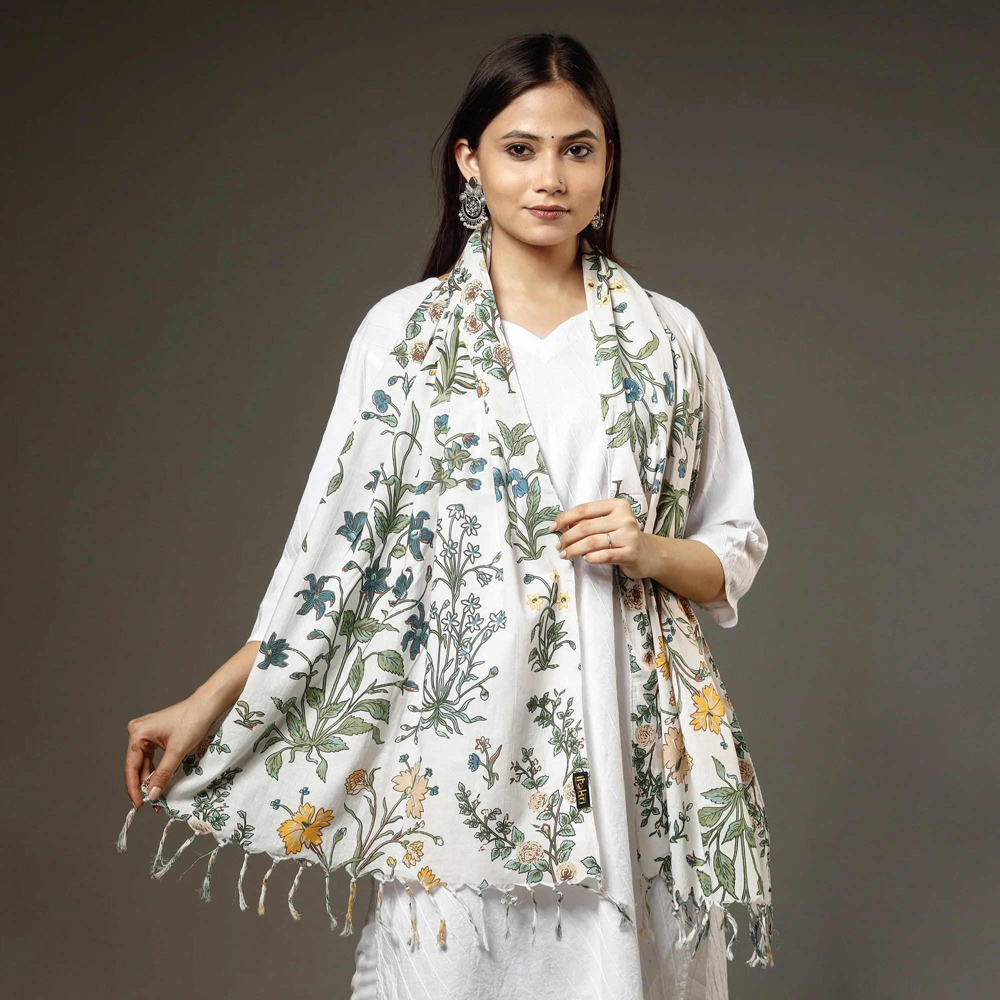 White - Tarwad Flowers Sanganeri Block Printed Cotton Stole with Tassels