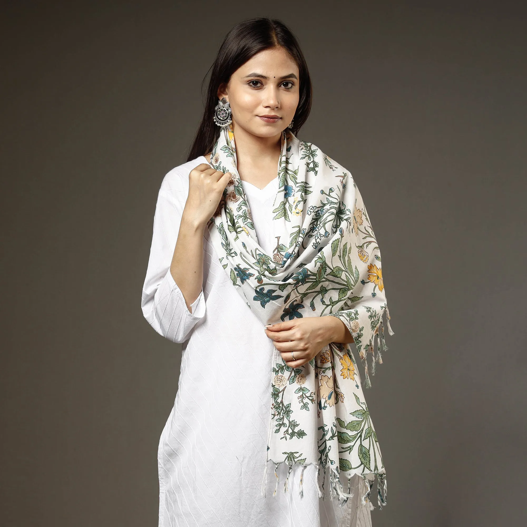 White - Tarwad Flowers Sanganeri Block Printed Cotton Stole with Tassels