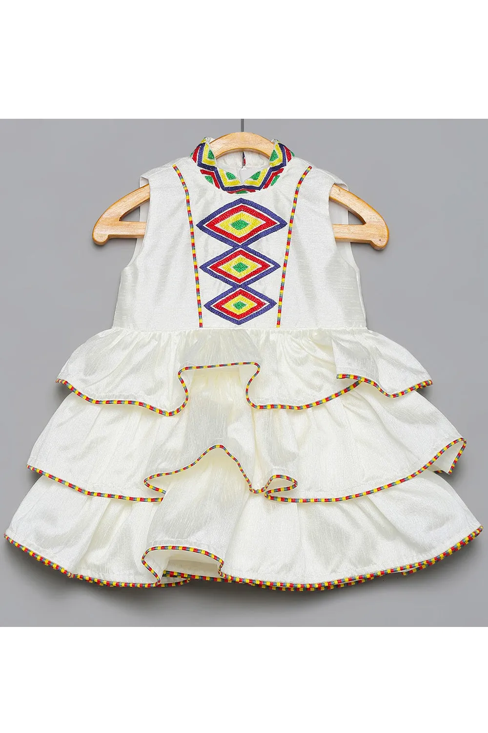 White Thread Embroidered Frill Dress