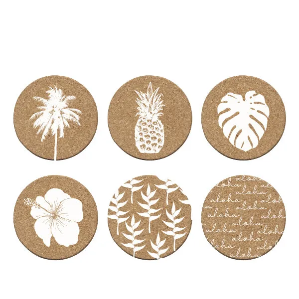 White Tropical Cork Coasters, Set of 6