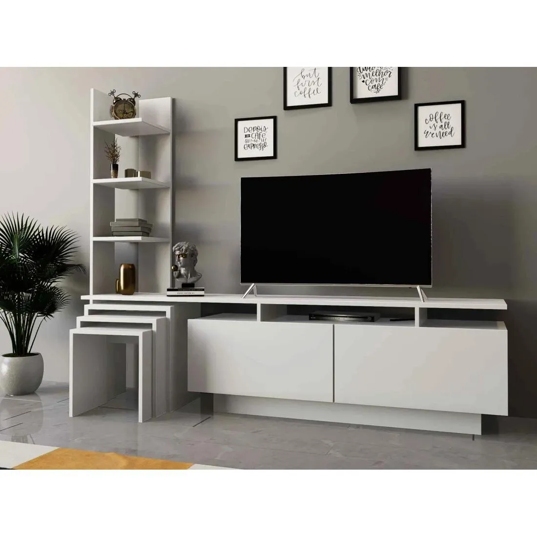 White TV Table with 3 Service Tables and Upper Shelves