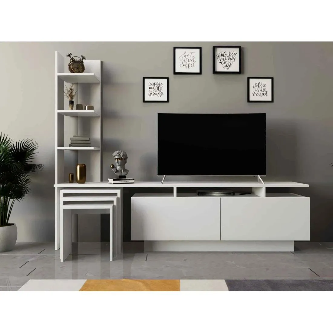 White TV Table with 3 Service Tables and Upper Shelves