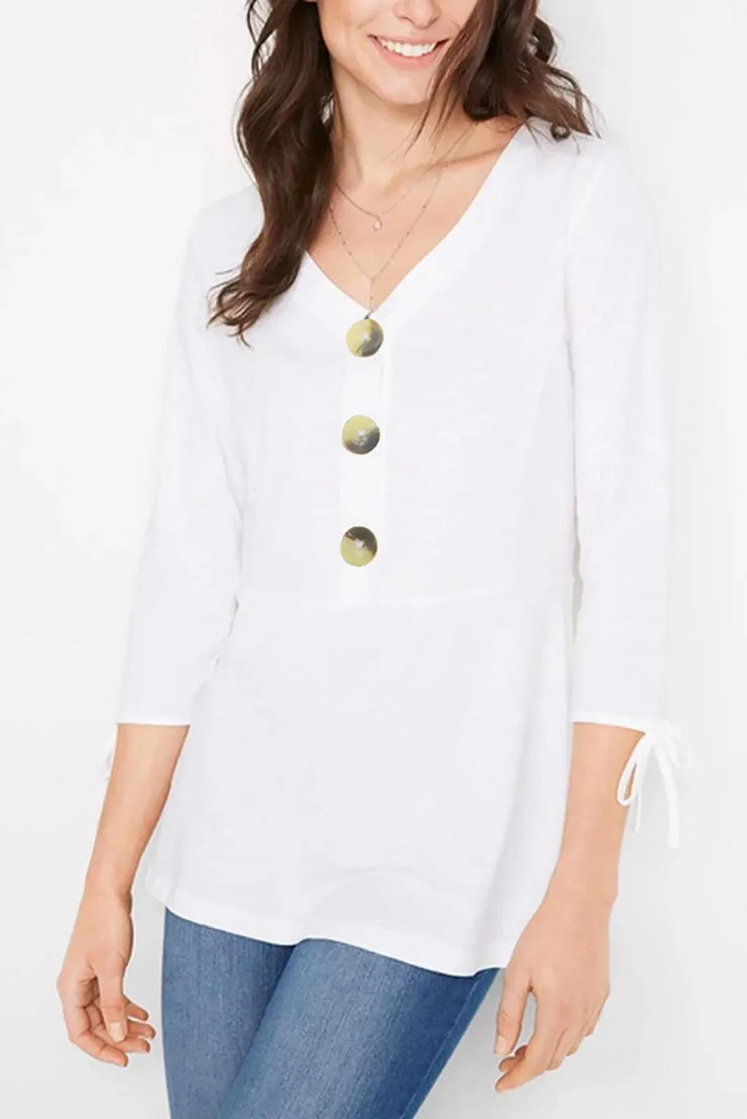 White V Neck Button Top