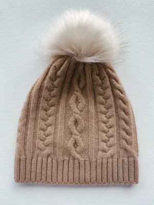 White   Warren - Cable Hat with Faux Pom in Caramel/Beige