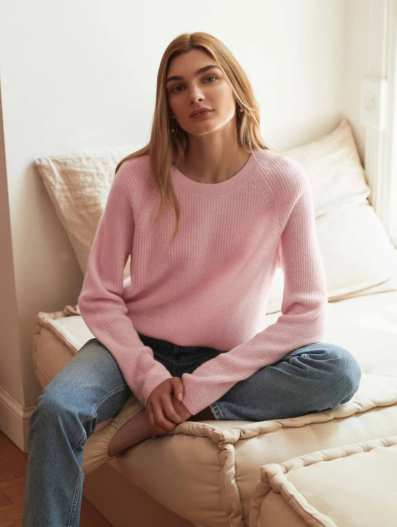 White   Warren - Cashmere Ribbed Crewneck in Blush Heather