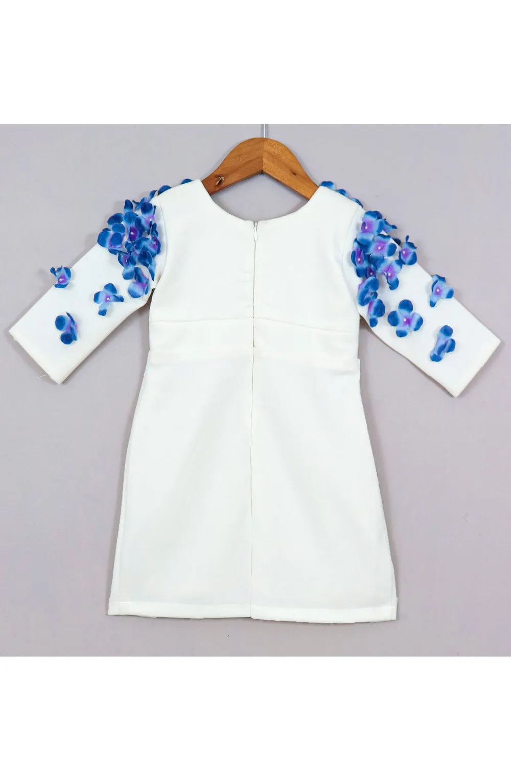 White With Blue Flower Embroidered Scuba Dress