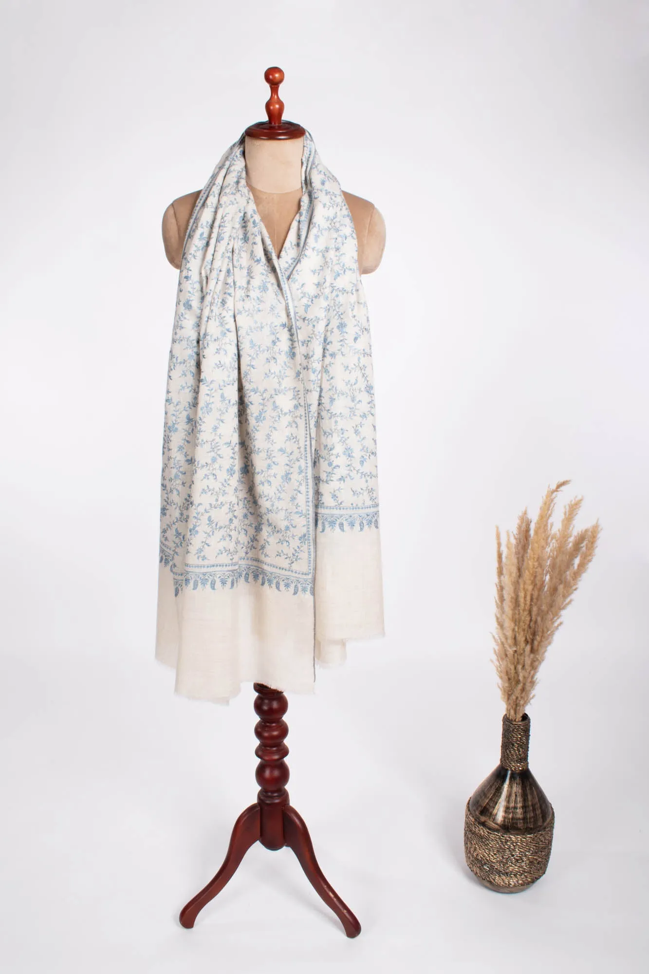 White with Blue Hand Embroidered Pashmina Shawl - VALDEZ