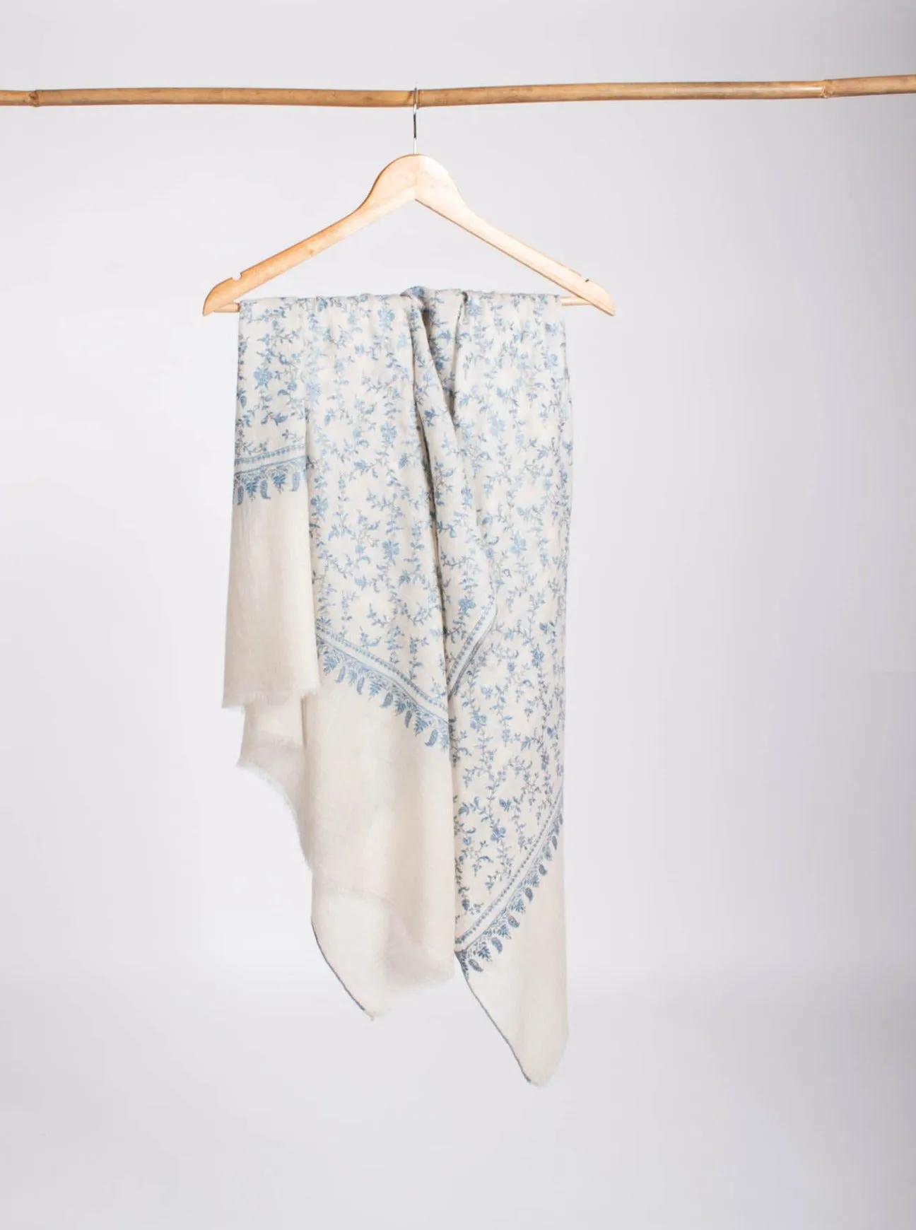 White with Blue Hand Embroidered Pashmina Shawl - VALDEZ