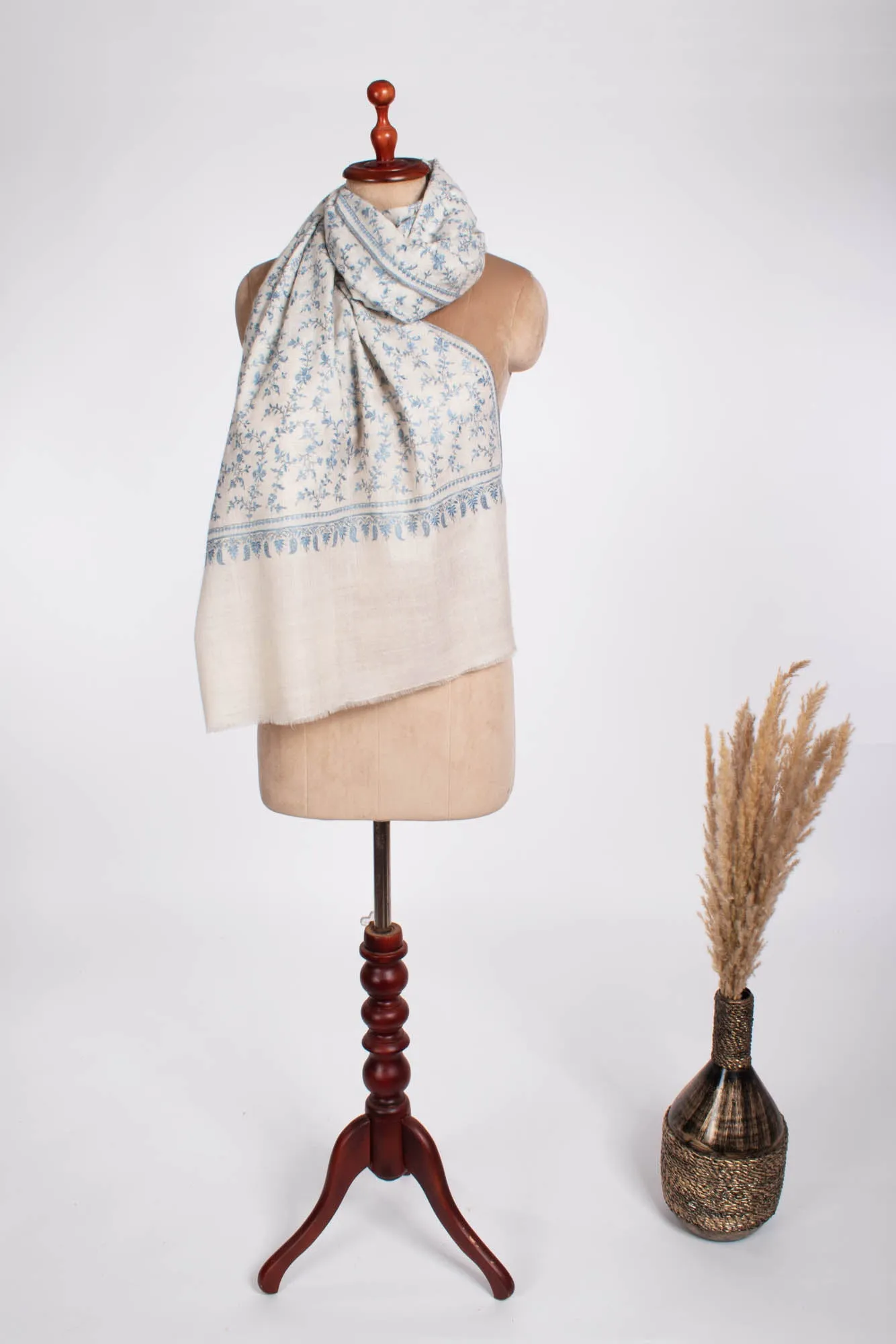 White with Blue Hand Embroidered Pashmina Shawl - VALDEZ