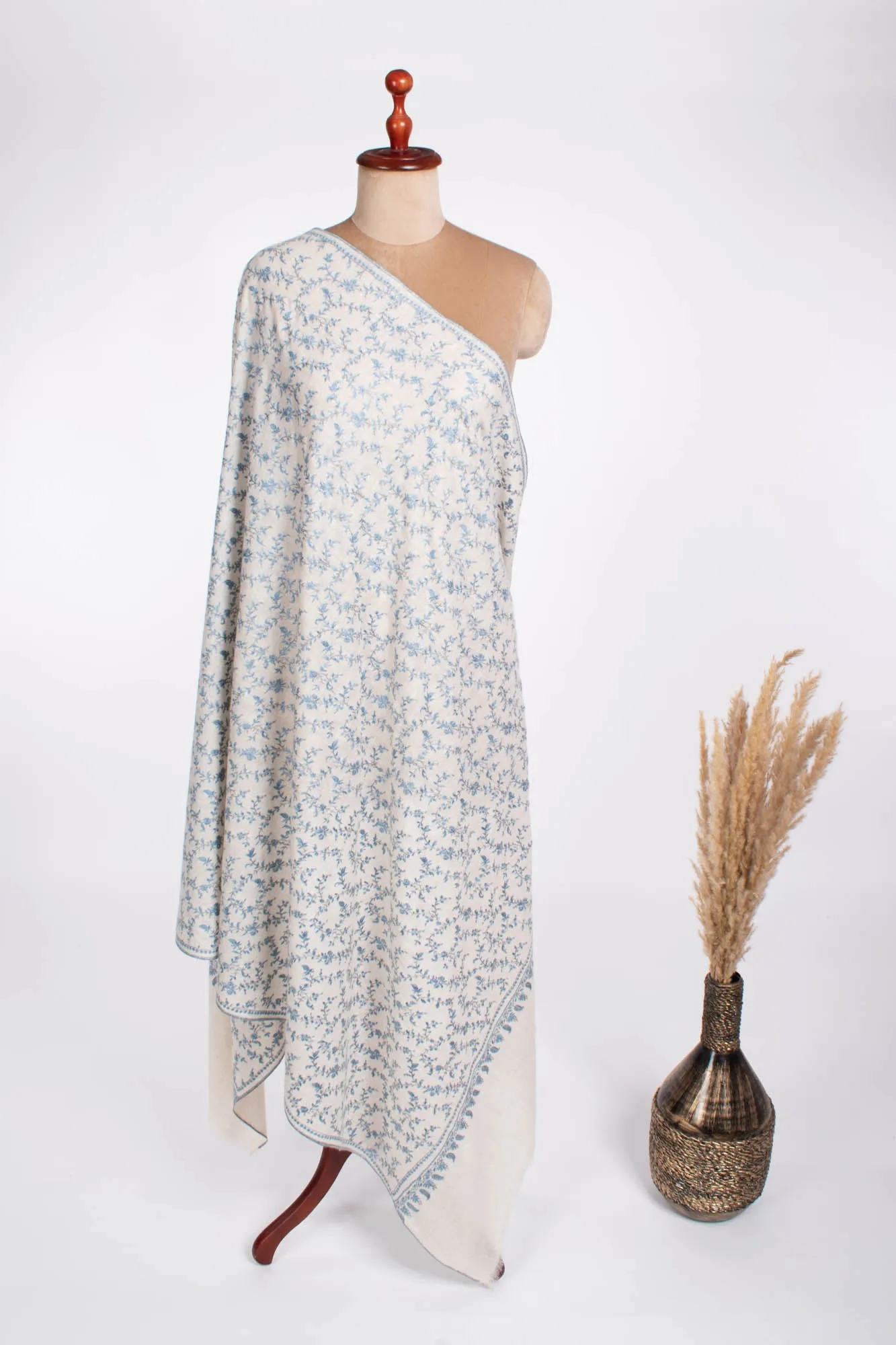 White with Blue Hand Embroidered Pashmina Shawl - VALDEZ