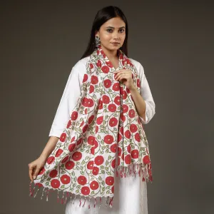 White With Red Flowers Sanganeri Block Printed Cotton Stole with Tassels