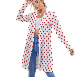 White With Red Polka Dots Women's Mid-Length Cardigan