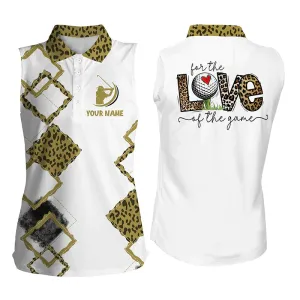 White Womens sleeveless polo shirt, custom name for the love of the game leopard golf shirts