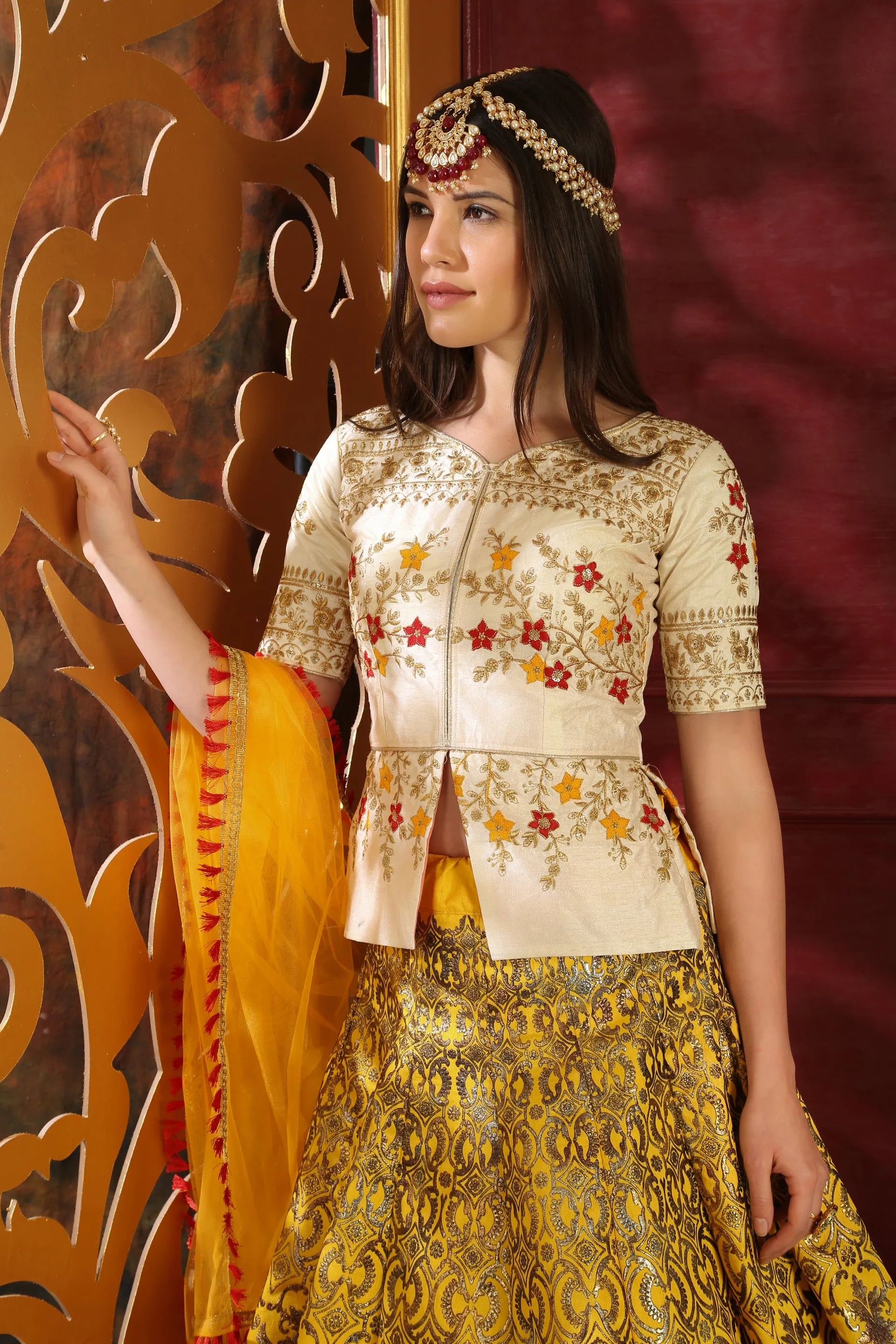 White-Yellow Embroidered Silk Bridal Lehenga Choli