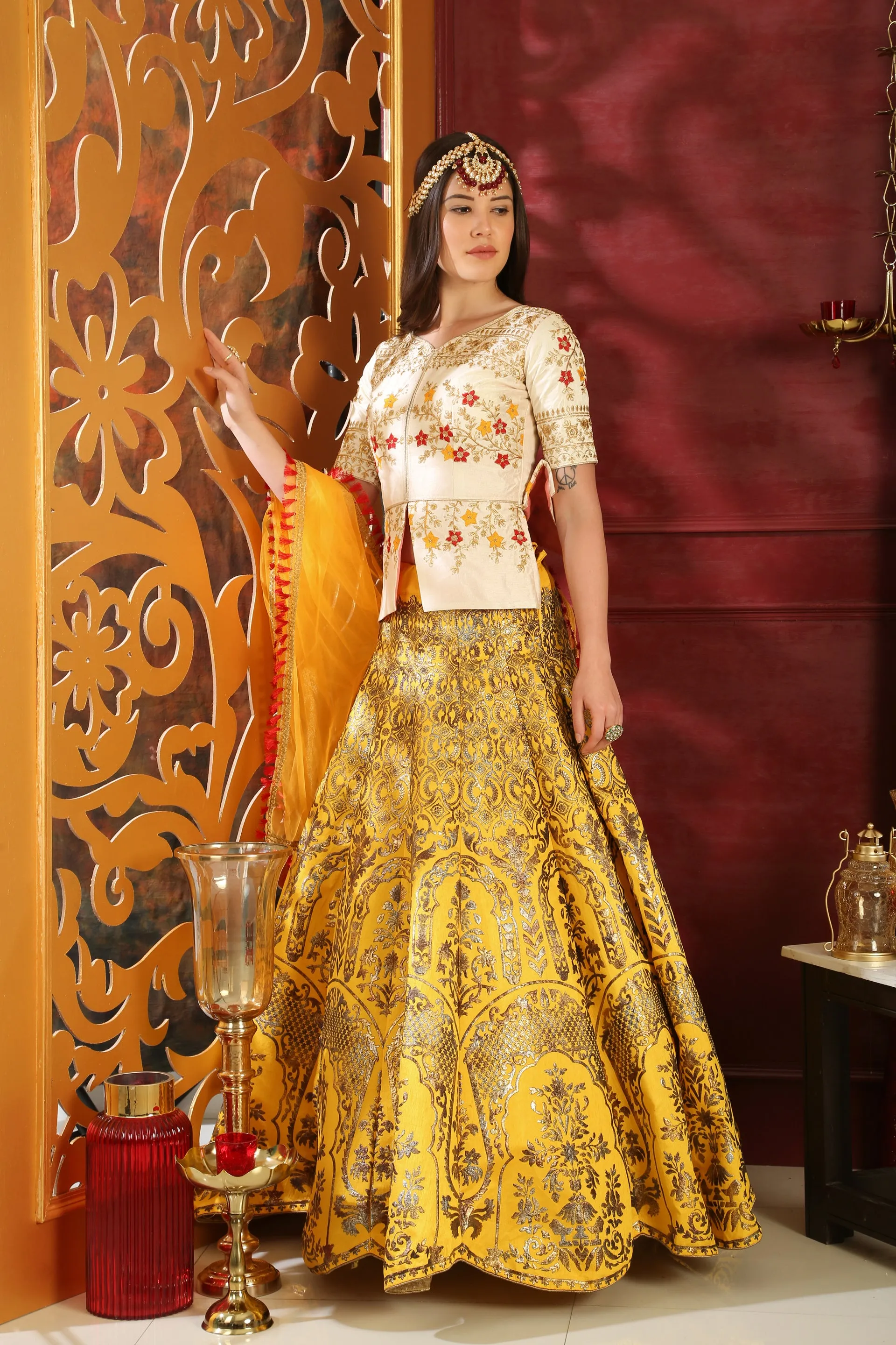 White-Yellow Embroidered Silk Bridal Lehenga Choli