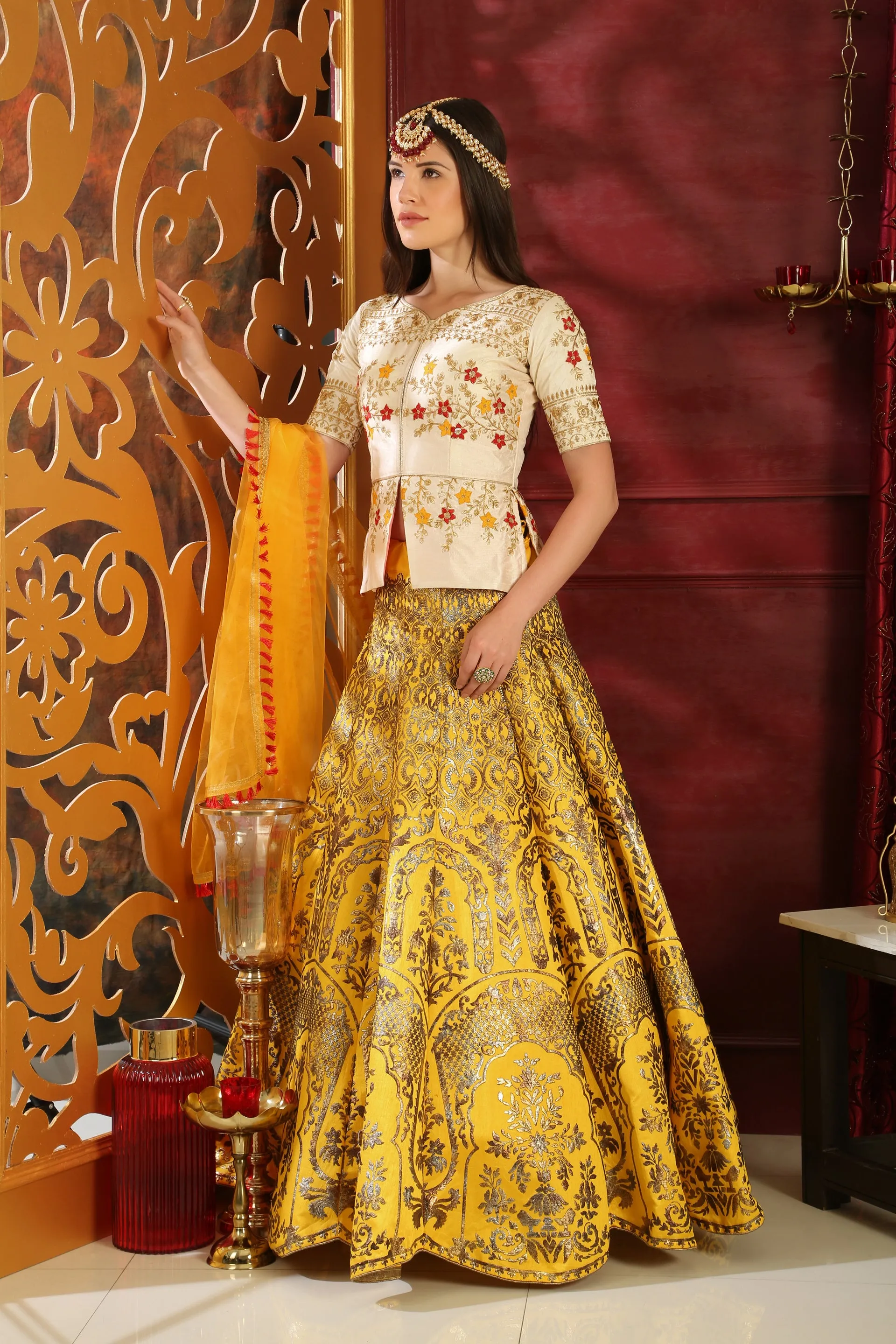 White-Yellow Embroidered Silk Bridal Lehenga Choli