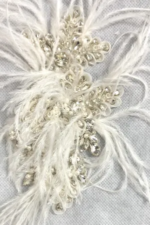 White/Silver Rhinestone Hand Beaded Applique BUTA-036 Fabric