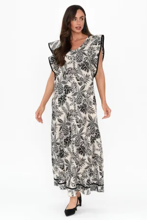 Whitney Black Leaf Linen Maxi Dress