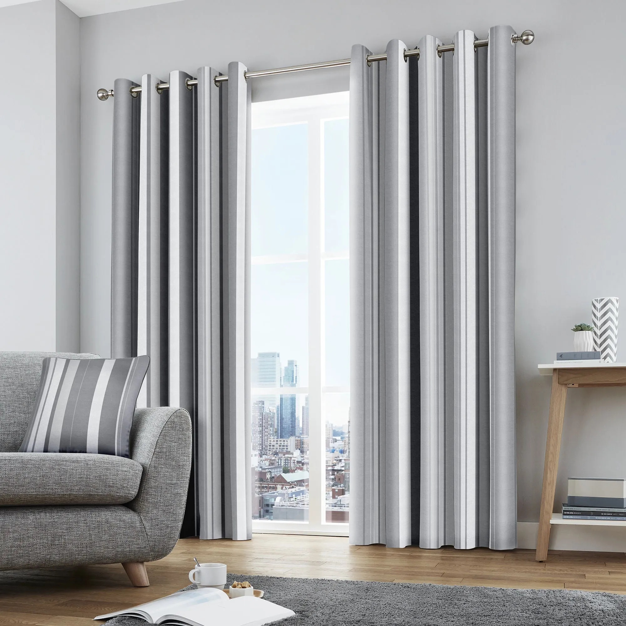 Whitworth Stripe Pair of Eyelet Curtains by Fusion in Grey