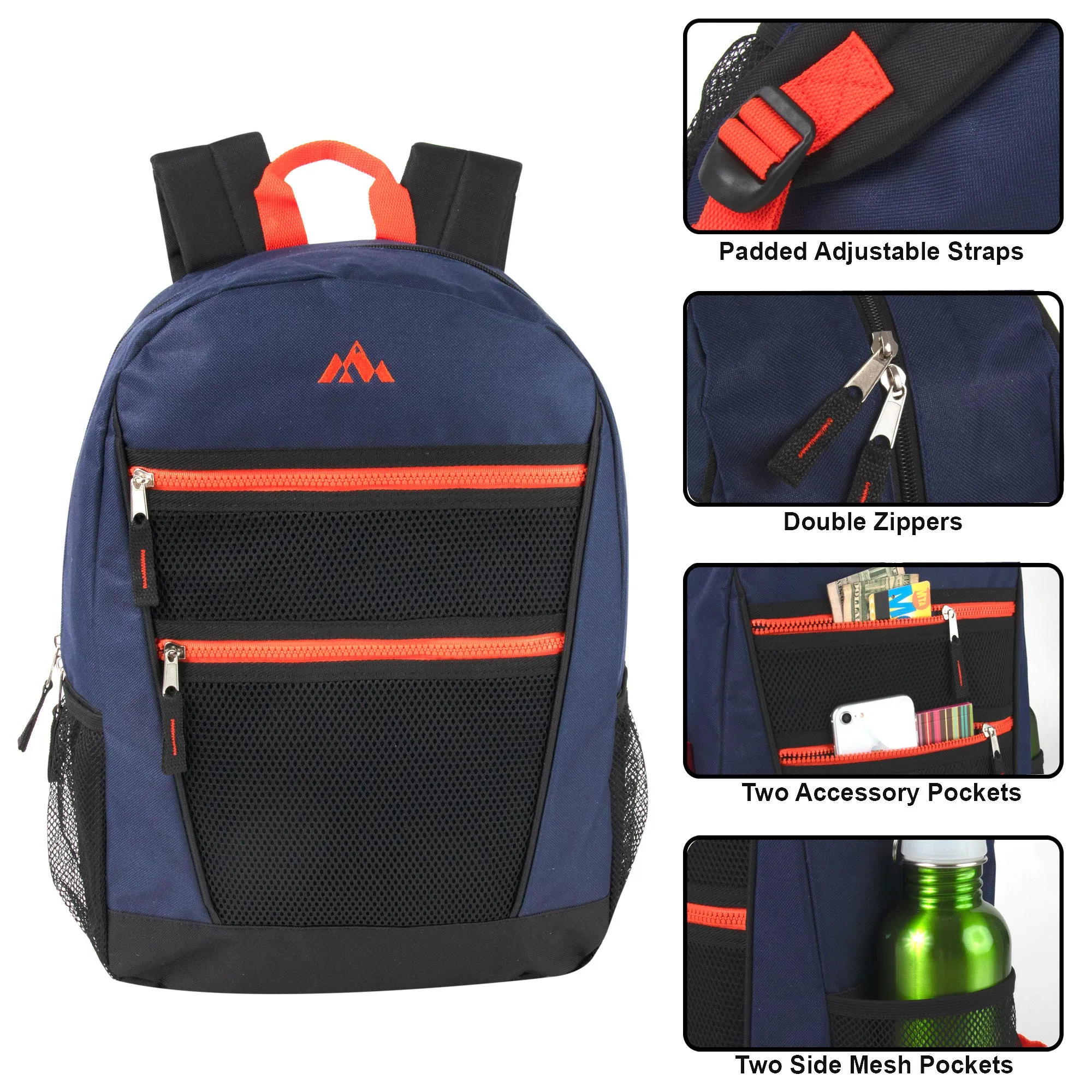 Wholesale 43cm Double Front Zippered Backpacks 20L Capacity - 3 Colours