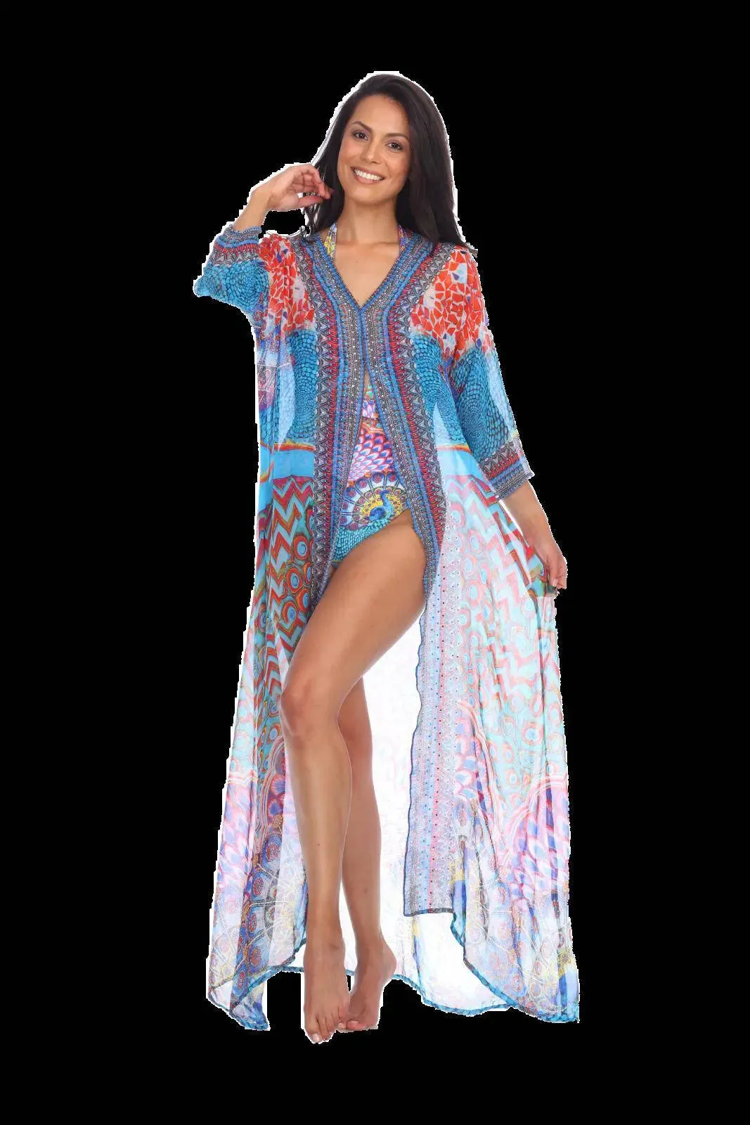 Wholesale Designer Swimwear Cover Up Kimonos For Women In Multi-Color Prints In Imported Polyester