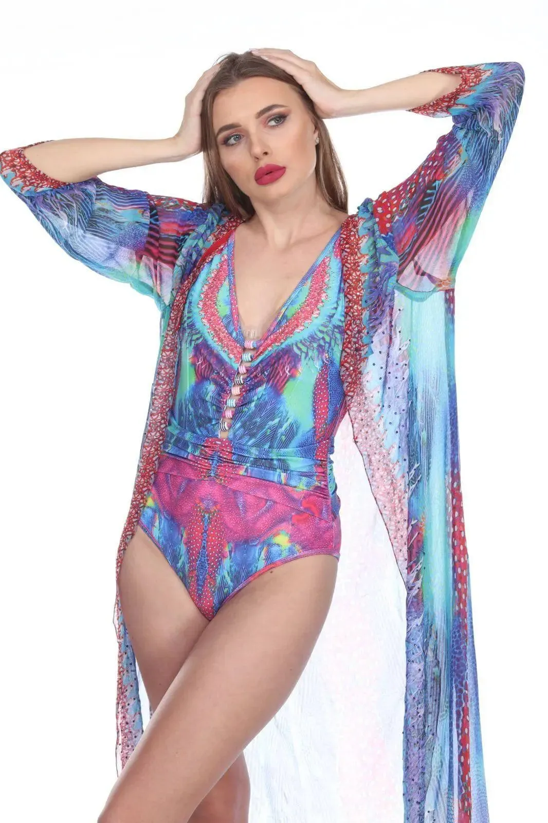 Wholesale Swimwear Cover Up Sheer  Kimonos For Women In Polyester With Multi-Color Prints