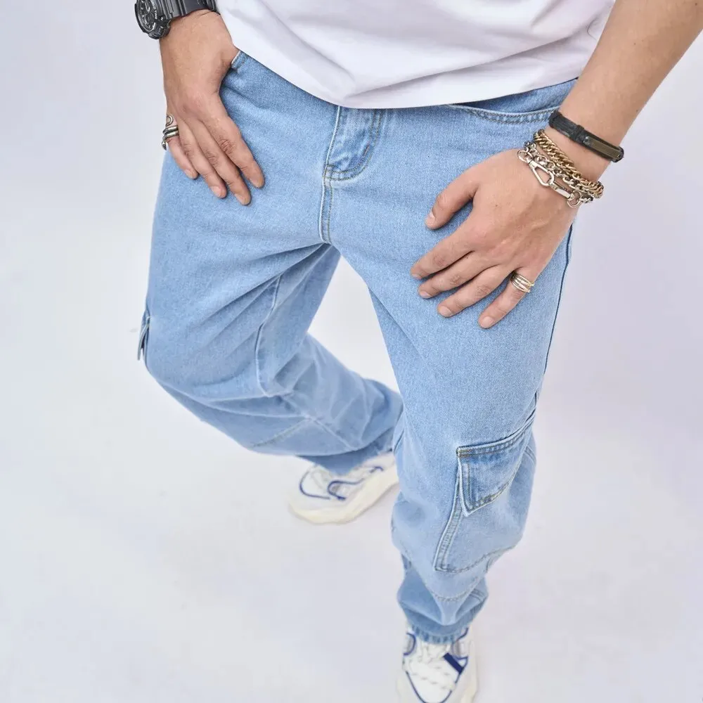 Wiaofellas Men Streetwear Loose Splicing Multiple pockets Straight Jeans Trousers Stylish Male Casual Denim Pants