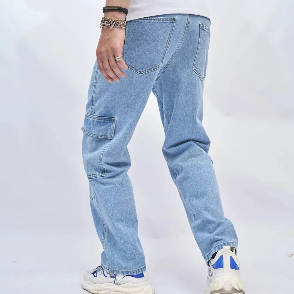 Wiaofellas Men Streetwear Loose Splicing Multiple pockets Straight Jeans Trousers Stylish Male Casual Denim Pants