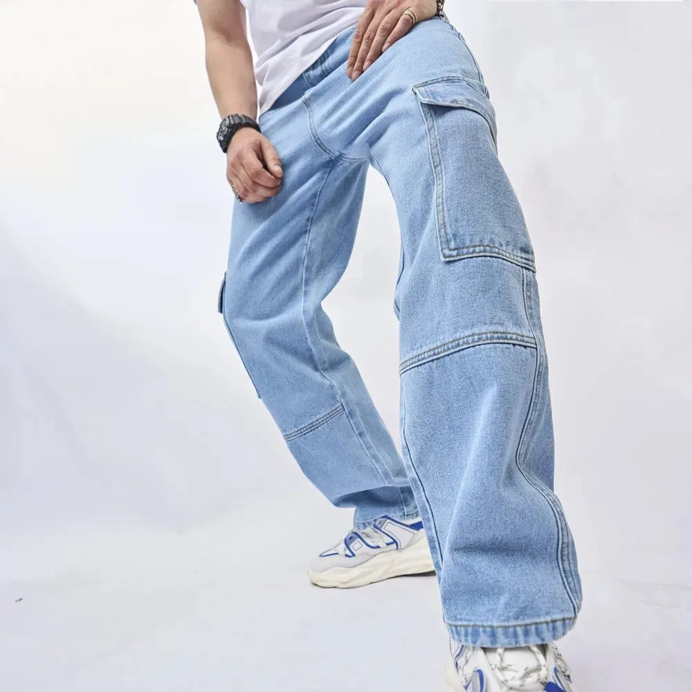 Wiaofellas Men Streetwear Loose Splicing Multiple pockets Straight Jeans Trousers Stylish Male Casual Denim Pants